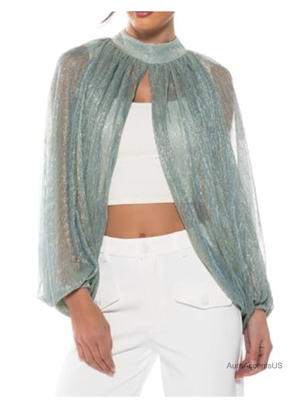 Glitter Mesh Sheer Cover Up Crop Top Long Lantern Sleeve Party Clubwear